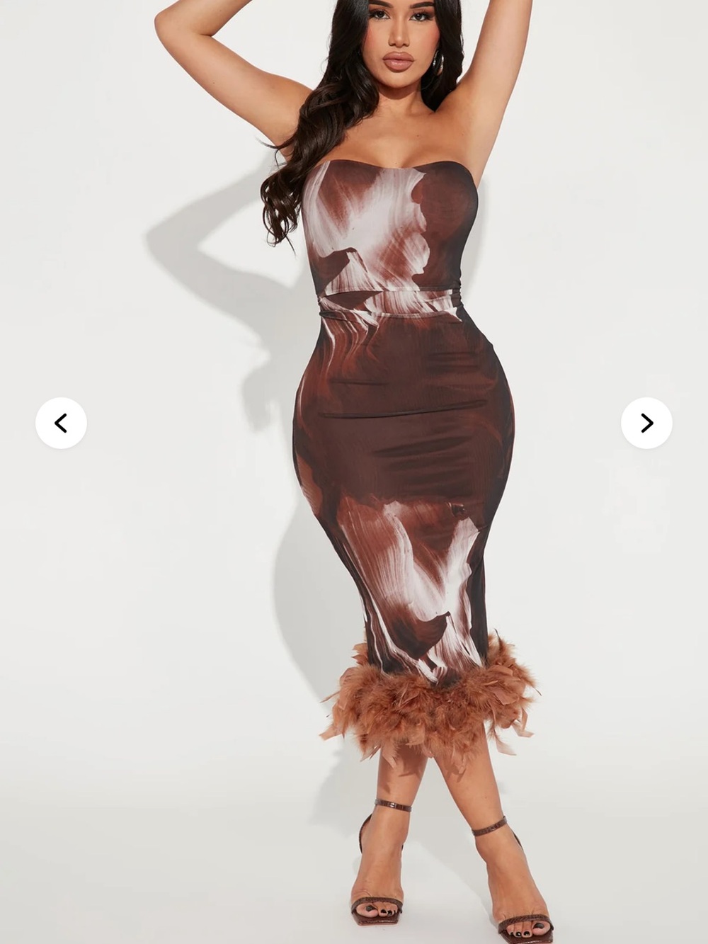 NWT Strapless Brown Brushstroke Midi Dress with Feather Hem